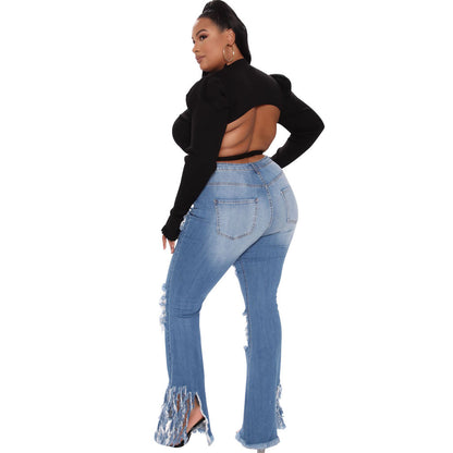 Frayed Cut-Off Flared Pants Plus Size Jeans Wholesale