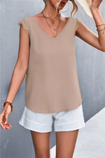 Sexy V-Neck Tops Solid Color Lace Splicing Casual Sleeveless Womens T Shirts Wholesale