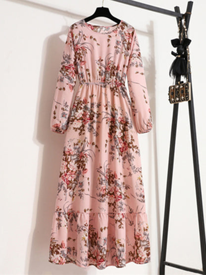 Fashion Print Chiffon High Waist Dress Casual Long Sleeve Round Neck A-Line Wholesale Dresses