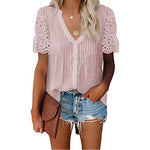 Lace Hollow Out V Neck Short Sleeve Wholesale Blouses Summer