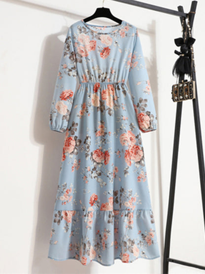 Fashion Print Chiffon High Waist Dress Casual Long Sleeve Round Neck A-Line Wholesale Dresses