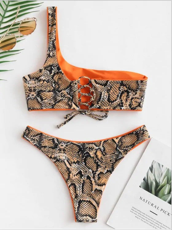 Sexy Snake Print One Shoulder Two Piece Bikini Sets Lace Up Swimsuit Wholesale Vendors