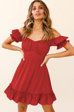Solid Color Puff Sleeve Ruffles Short Sleeve Off Shoulder Tied Rope Wholesale Dresses Vacation