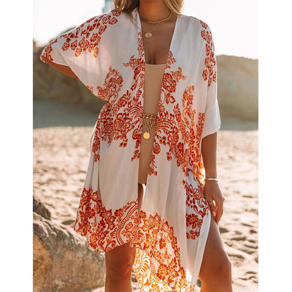 Slit Chiffon Print Beach Sunscreen Blouse Women Wholesale