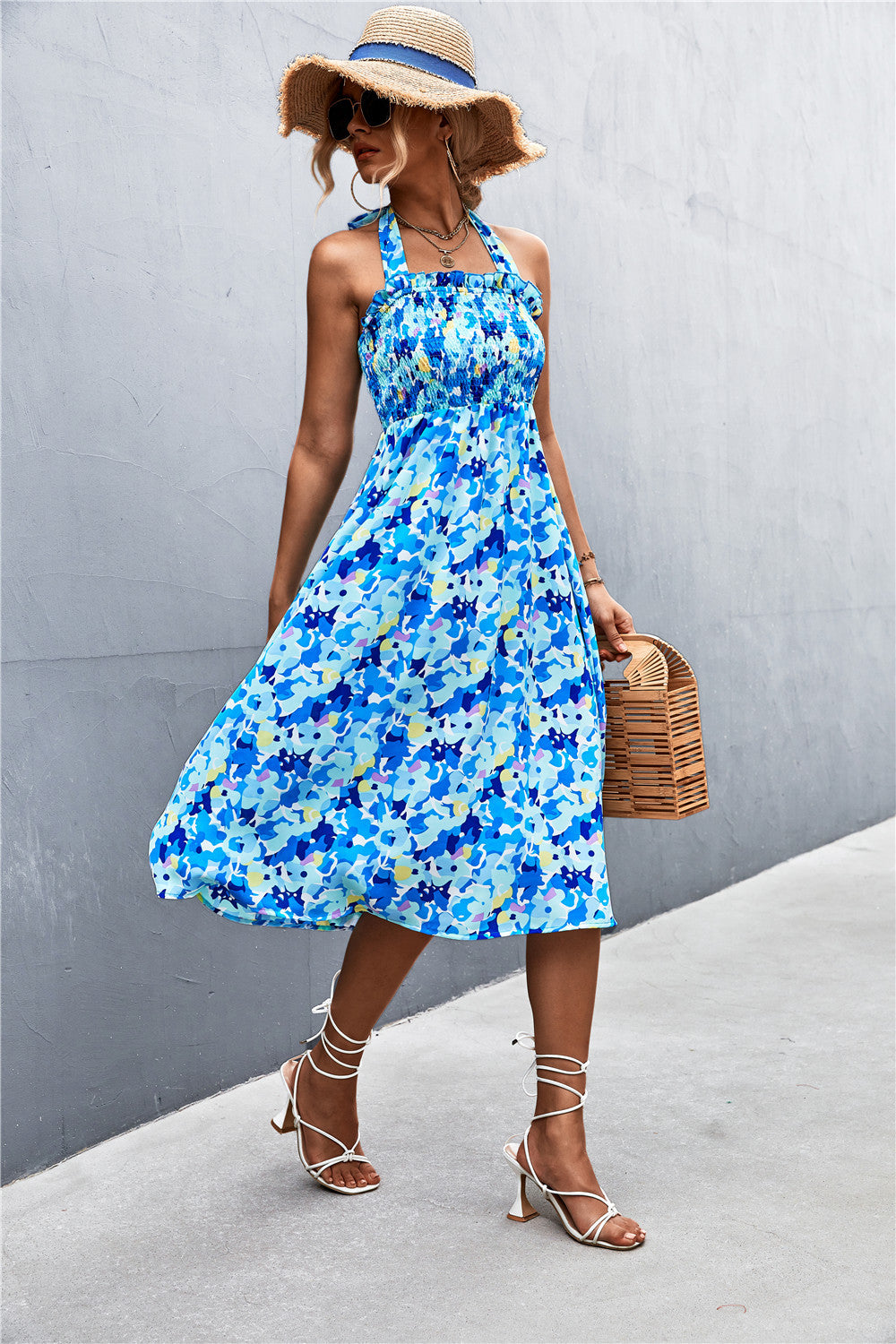 Halterneck Floral Printed Resort Off Shoulder Ruffled Dress Holiday Wholesale Dresses