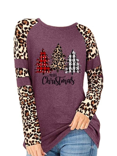 Christmas Trees Leopard Patchwork Long Sleeve Long Blouses