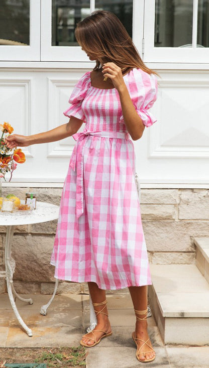 Gingham Square Neck Midi Wholesale Dresses For St. Patrick'S Day