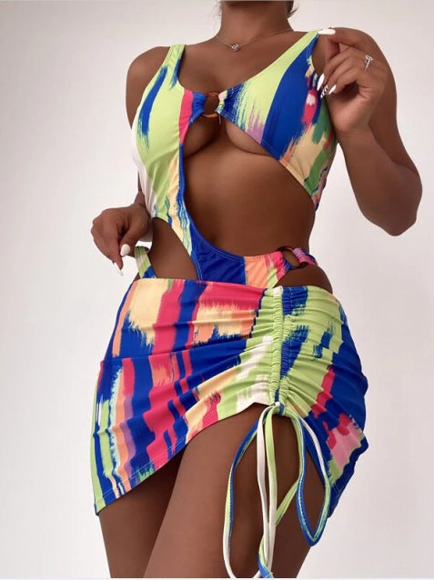 Printed Sexy Bikini & Drawstring Skirt Swimsuit Beachwear 2pcs Sets Womens Swimsuit Wholesale Vendors
