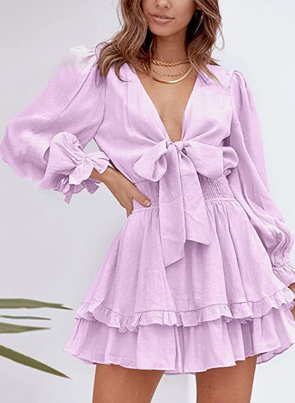 Solid Color V-Neck Tieback Bowknot Long Lantern Sleeve Ruffle Dress Casual Wholesale Dresses