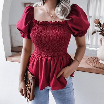 Solid Color Casual Lantern Sleeve Ruffled Elasticity Design Blouse Wholesale T Shirts Womens Tops