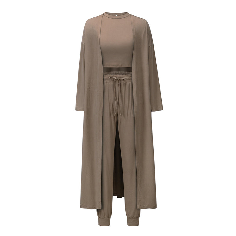 Solid Color Three-piece Sports Long Coat And Sports Vest And Trousers