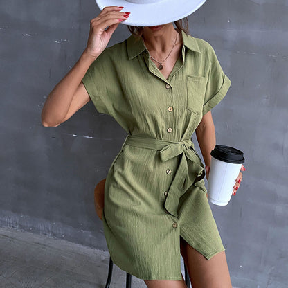 Lapel Short Sleeve Cotton And Linen Shirt Dress Wholesale