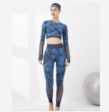 Ladies Hollow Long-Sleeved Crop Top & Leggings Set Yoga Set Camouflage