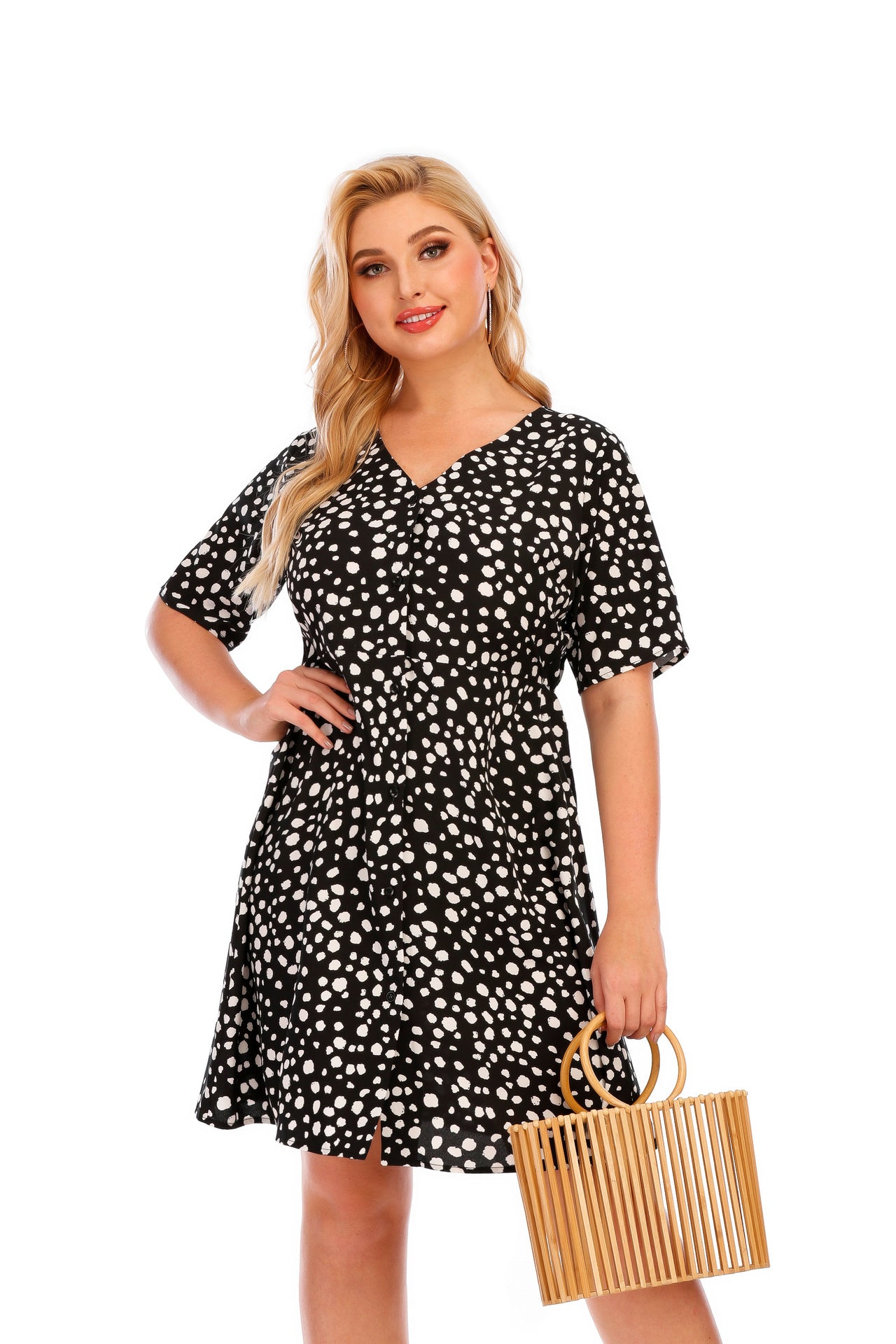 Dot Printed V Neck Casual Midi Curve Dresses Single-Breasted Wholesale Plus Size Clothing