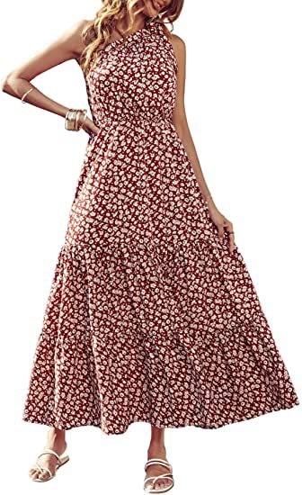 Floral Print Twist Slanted Shoulder Strapless Smocked Swing Dress Vacation Wholesale Maxi Dresses