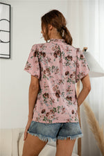 Floral Print Ruffles High Collar Lotus Leaf Sleeve Button Elegant Women Shirts Wholesale Blouse