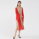 Slit Asymmetrical Colorblock Long Sleeve O-Neck Loose Midi Dress