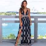 Vintage Print Slit Backless Crossover Lace-Up Beach Vacation Maxi Dresses Wholesale Bohemian Dress For Women