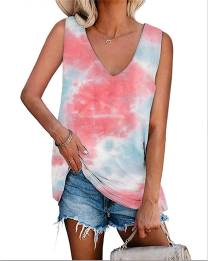 Tie-Dye Print Summer V Neck Sleeveless Casual Women'S Shirts Wholesale Tank Tops ST531055