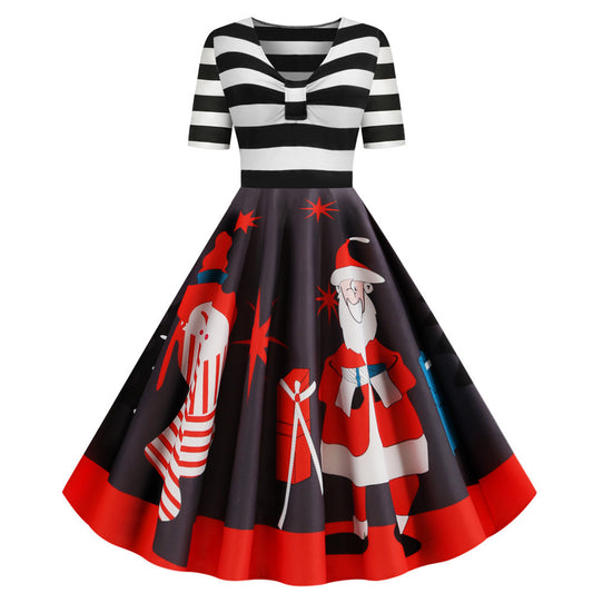 Striped V-Neck Printed Christmas Dress