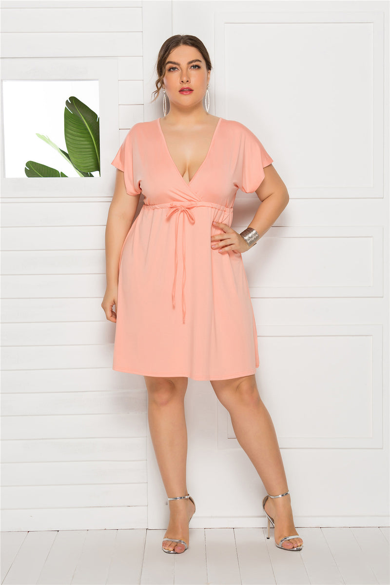 Sexy Solid Color Short Sleeve Deep V Neck Short Curve Dresses Wholesale Plus Size Clothing SD203069