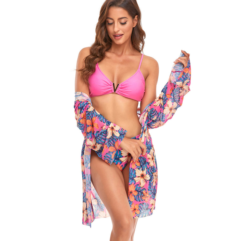 Mesh Split Swimsuits 3pcs Sets Bikini & Beachwear Cardigans Floral Print Womens Swimwear Wholesale Vendors