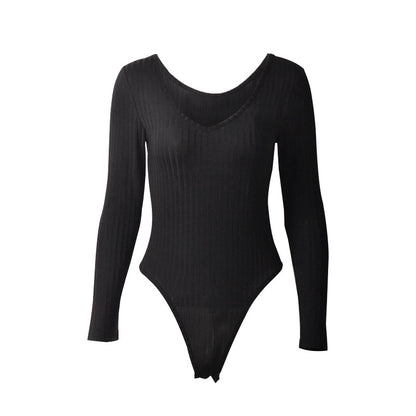 Ribbing V-neck Long Sleeve Skinny Women's Wholesale Bodysuits