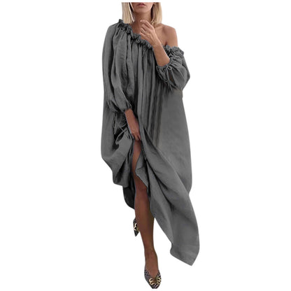 Solid Color Retro Style Long Sleeve Loose Off Shoulder Linen Wholesale Maxi Dresses Vacation Dress