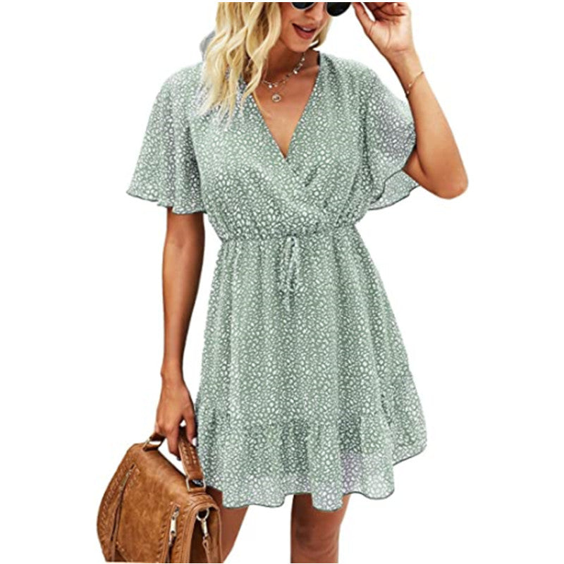 Dot Print Short Sleeve Ruffles V Neck Lace-Up Chiffon Short Flowy Swing Dress Casual Wholesale Dresses