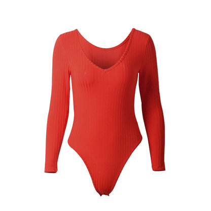 Ribbing V-neck Long Sleeve Skinny Women's Wholesale Bodysuits