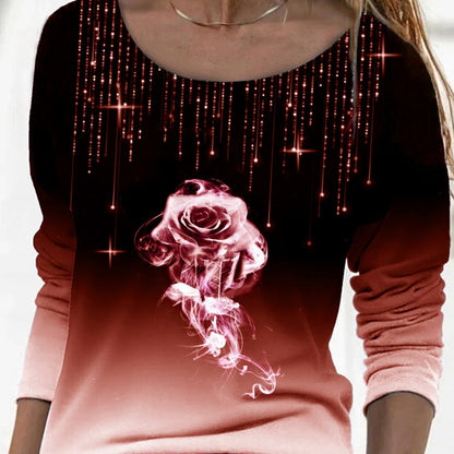 Long Sleeve Round Neck Gradient T-Shirt Whit Rose Print