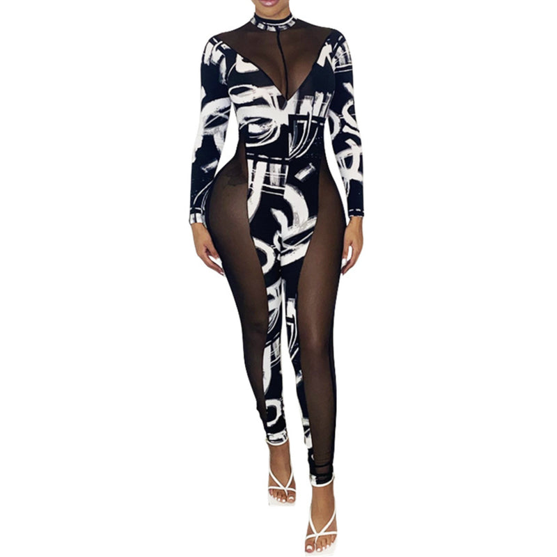 Abstract Fashion Print Sexy Autumn Mesh Stitching Jumpsuit Womens Sweat Suits Wholesale