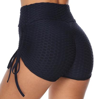 Gingham Yoga Shorts Drawstring High Waist Slim