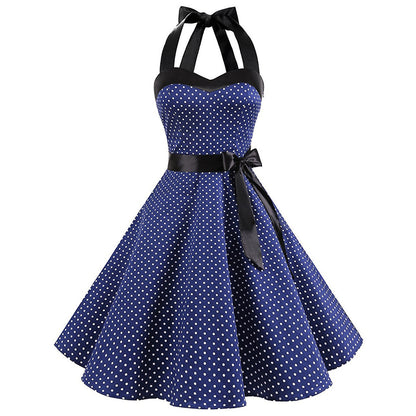 Polka-Dot Retro Halter Floral Midi Dress Wholesale For Valentine'S Day