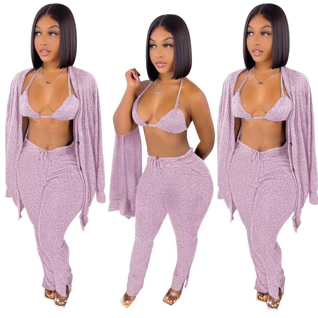 3pcs Solid Wholesale Women Sets Cardigan Bra Pants