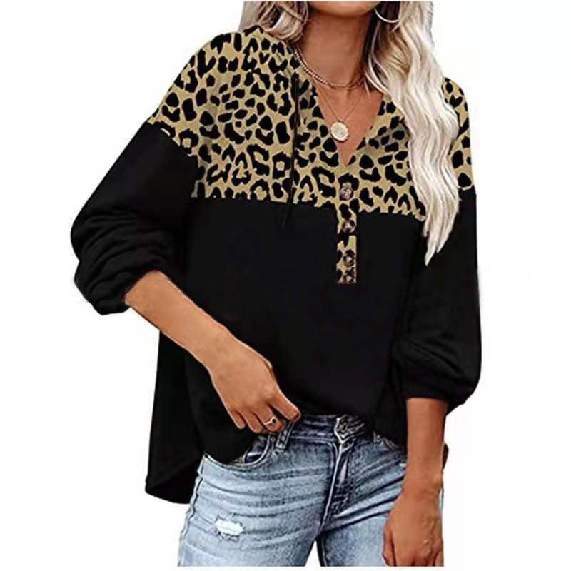 New Casual V-Neck Leopard Pattern Stitching Hoodie