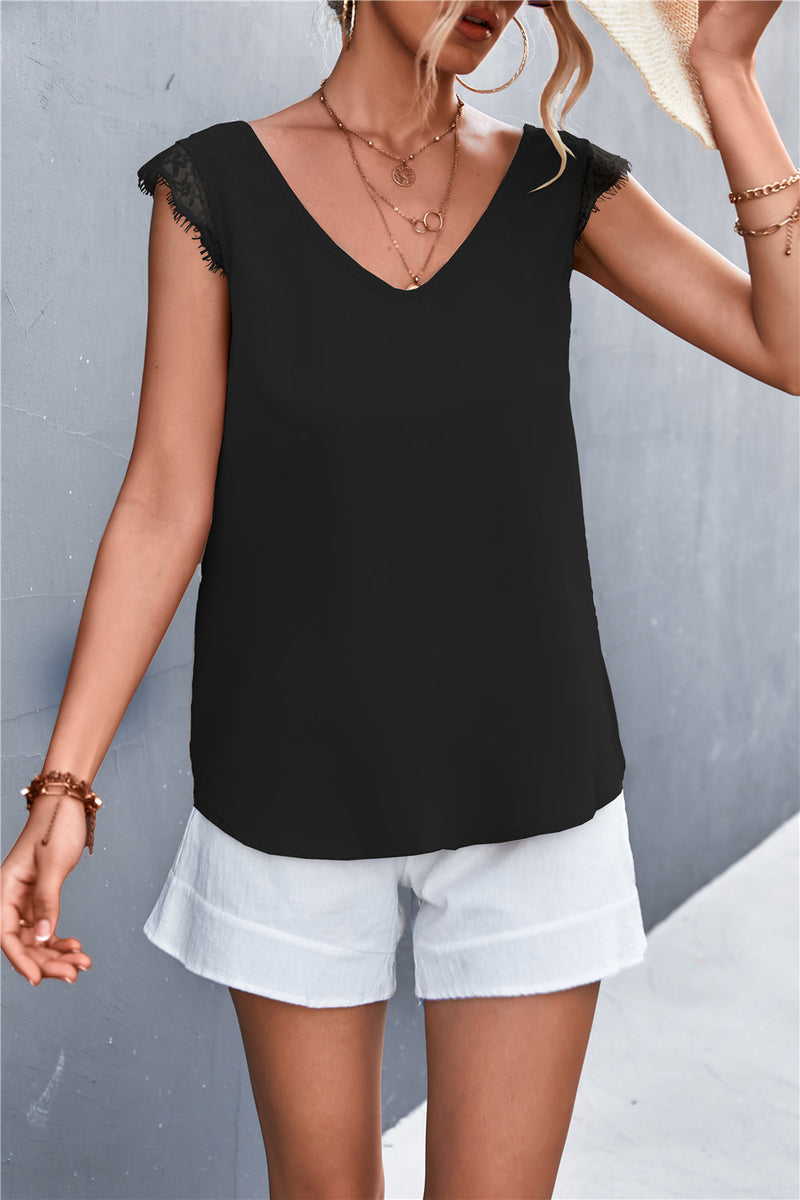 Sexy V-Neck Tops Solid Color Lace Splicing Casual Sleeveless Womens T Shirts Wholesale