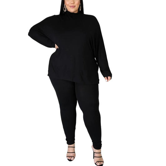 Long Sleeve Top With Trousers Plain Large Size Sets