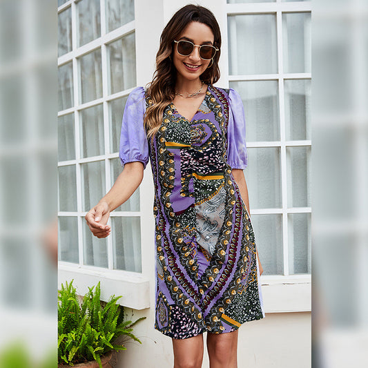 Fashion Printed Pullover Puff Sleeve Dress Casual V-Neck Slim Elegant Wholesale Dresses