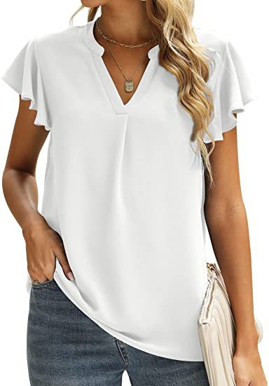 V-Neck Solid Color Frill Sleeve Casual Chiffon Women'S Tops Wholesale T Shirts ST531080