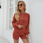 New Season Two-Piece Short Round Neck Lantern Sleeve Knitted Sweater And Shorts