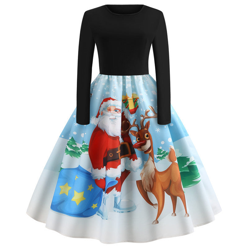 Christmas Printed Retro Dress Women Wholesale