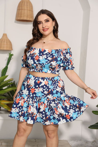 Floral  Crop Top + Skirt Plus Size Two Piece Sets Wholesale For St. Patrick'S Day