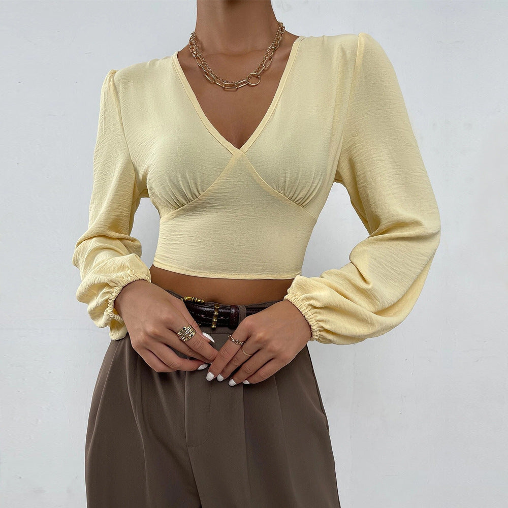 Sexy Solid Color Wholesale Crop Tops V-Neck Long-Sleeved Short Shirts