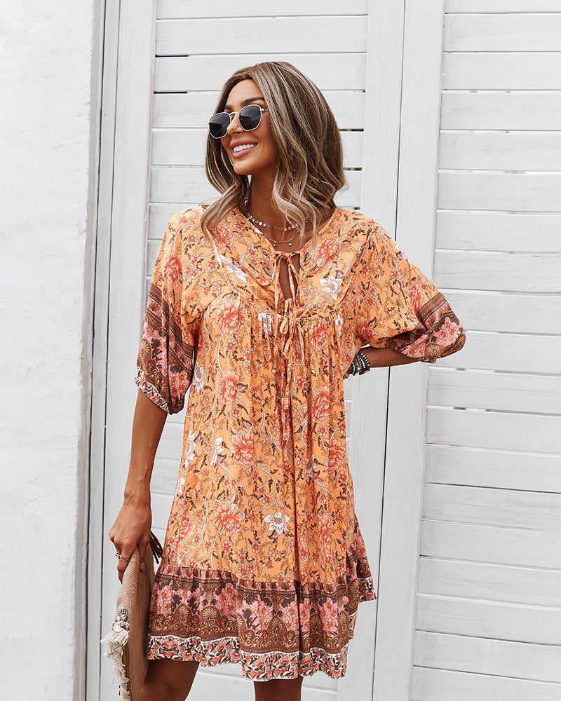 Loose Floral Printed Wholesale Dresses Short Sleeve Casual Dress