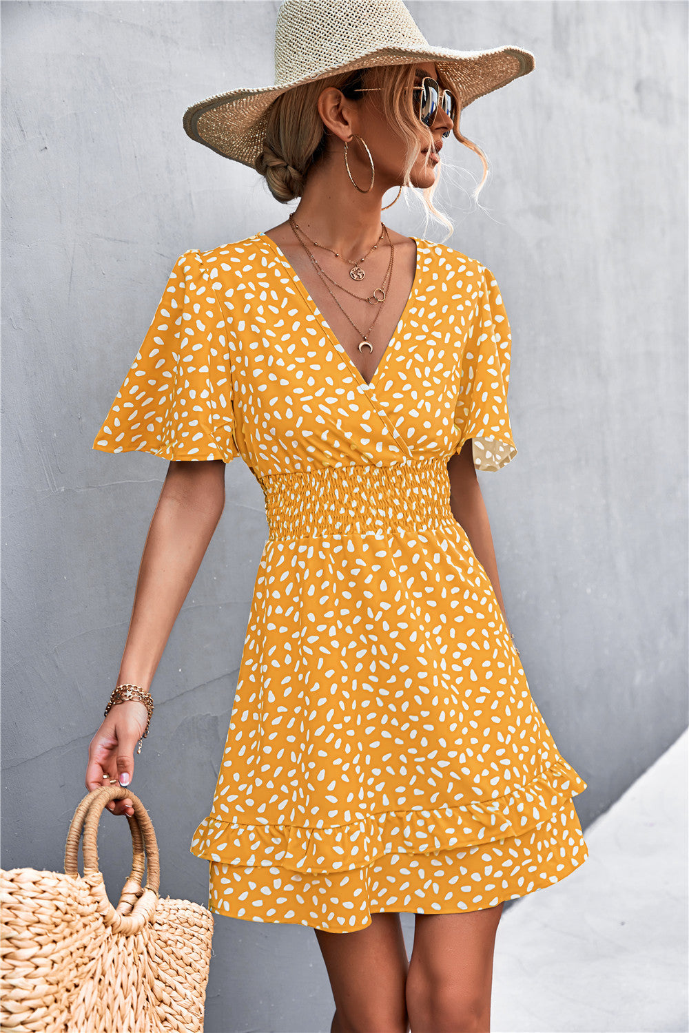 V-Neck Printed Flare Sleeve Ruffles Nipped Waist Resort Dress Wholesale Dresses