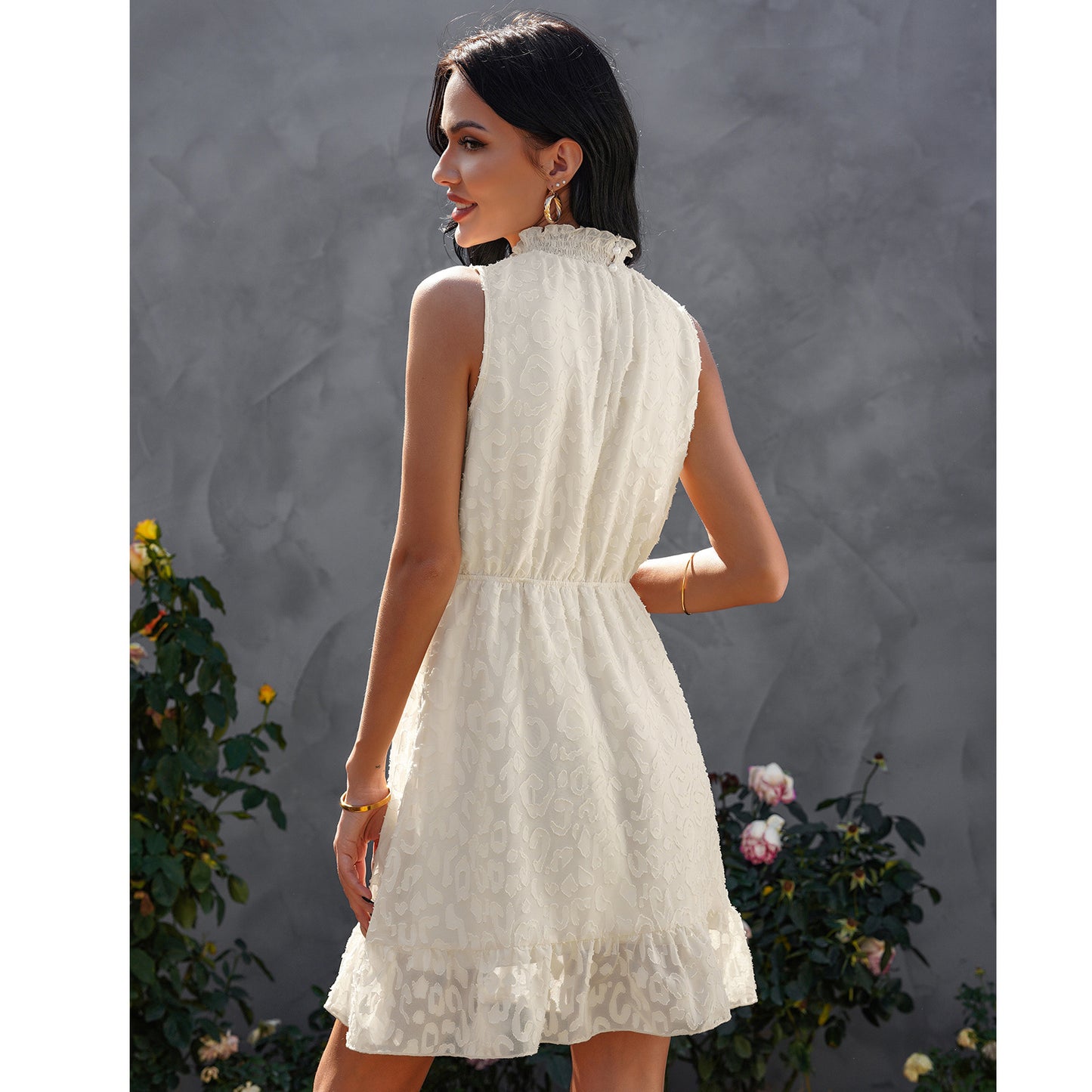 Casual High Collar Sleeveless Chiffon Lace Jacquard Swing Dress Fashion Ruffles Wholesale Dresses