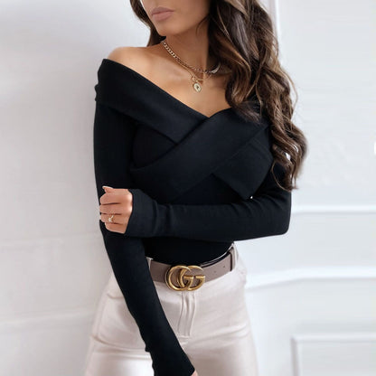 Solid Loose V-Neck Knitted Blouse