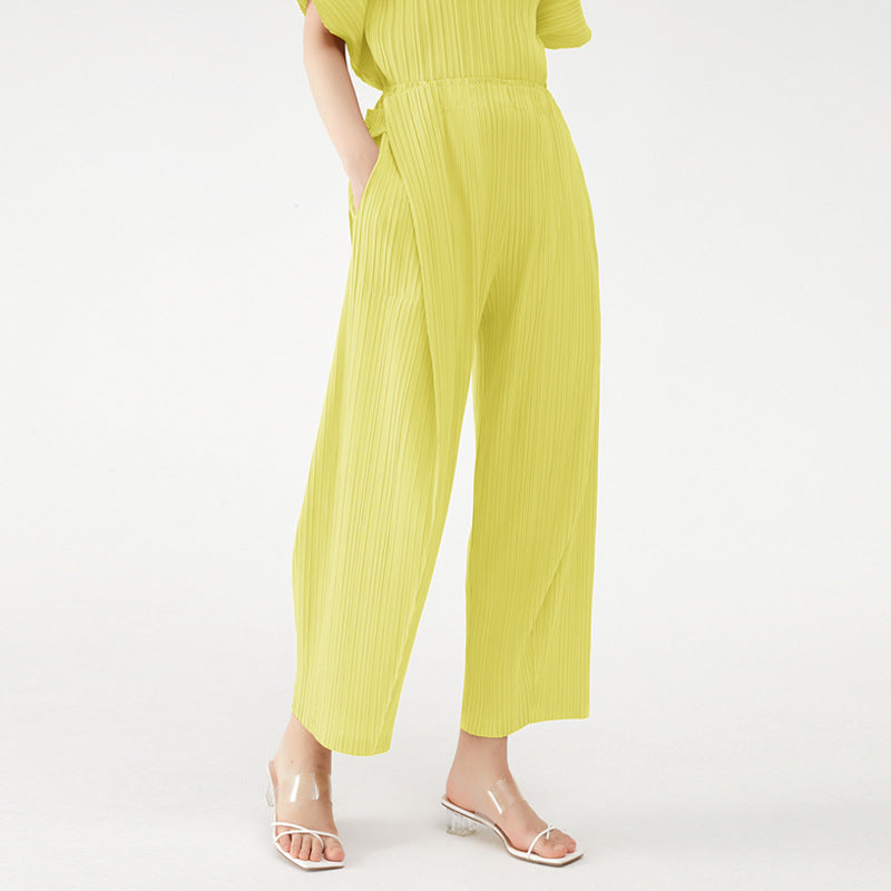 Ruched Solid Irregular Pocket Wide Leg Pants