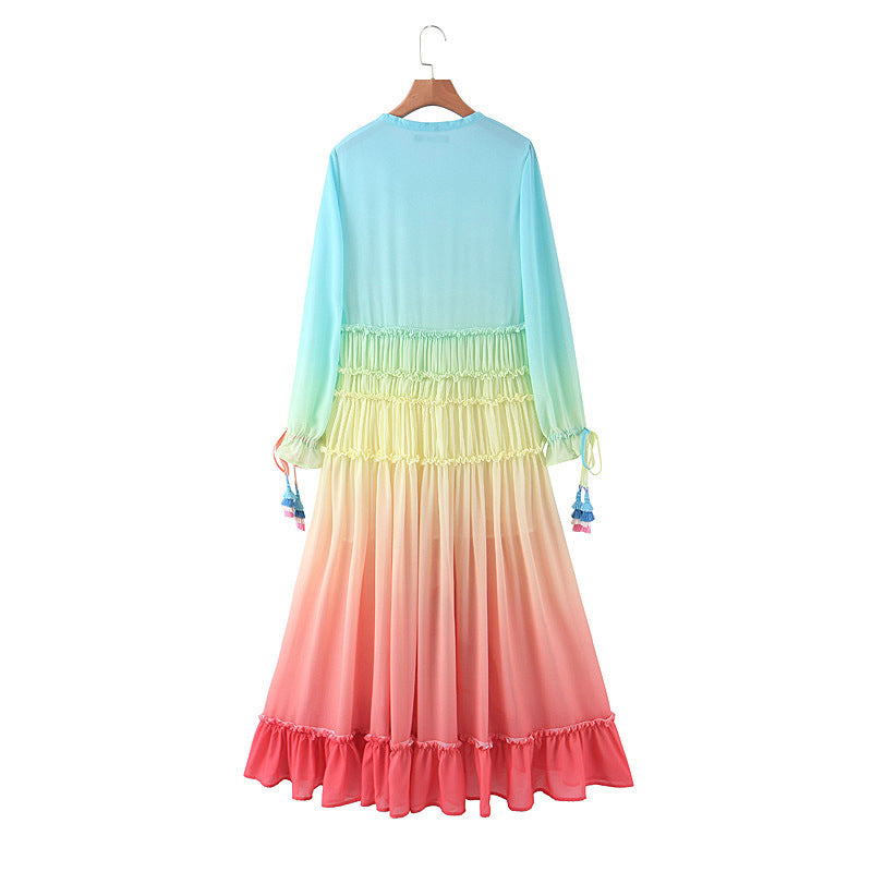 Gradient Color Print V-Neck Fringe Lace-Up Cuff Vacation Fashion Irregular Hem Ruffles Wholesale Maxi Dresses